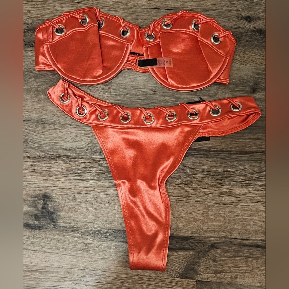 Forplay Coral Satin Lace-Up Bikini Set
